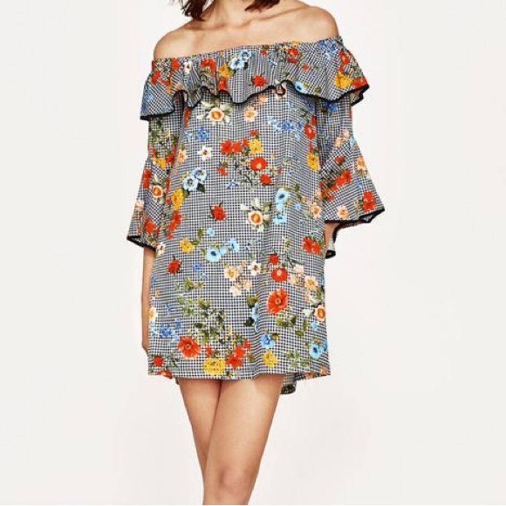 NWOTS Zara Gingham/flower off the shoulder dress